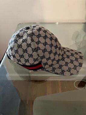 Gucci Beige/Black GG Canvas Cap with Red and Navy Stripe